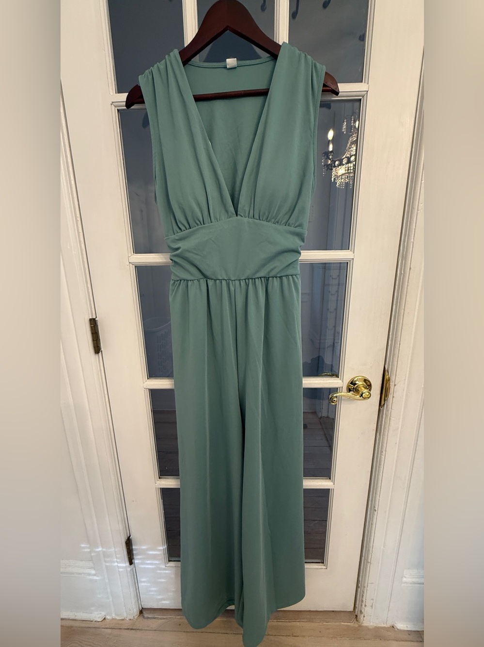 HALARA Women's Seafoam Green V-Neck Sleeveless Ruched Pocket Wide Leg Jumpsuit - Picture 3 of 7